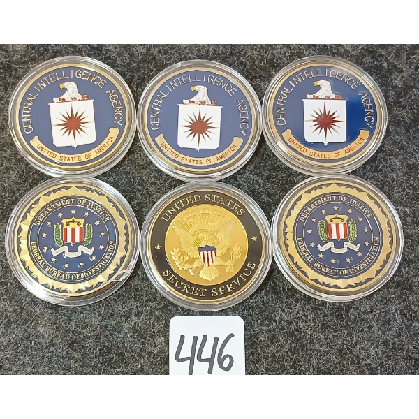 LOT OF 6 - U.S. SECRET SERVICE, C.I.A. & F.B.I GOLD PLATED CHALLENGE COINS