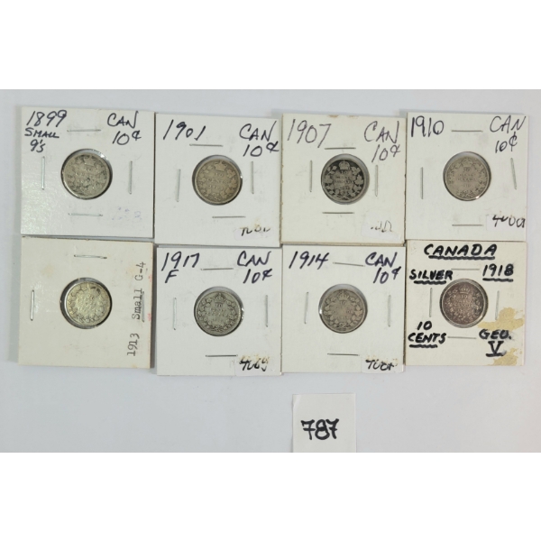 LOT OF 8 - 1899-1918 CDN 5 CENT SILVER PCS