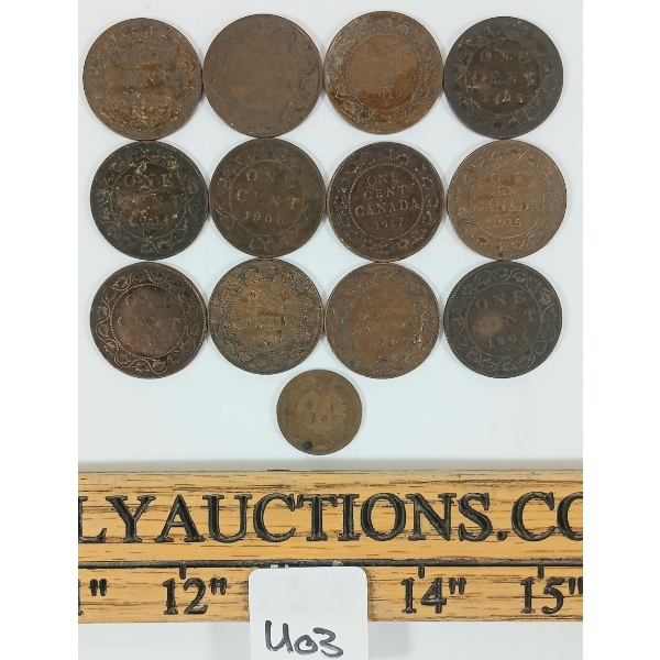 LOT OF 13 - 1901-1920 CDN & US 1 CENT COINS
