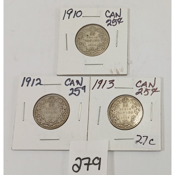 LOT OF 3 - CDN 25 CENT SILVER PCS - INCL 1910, 1912 & 1913