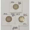 Image 1 : LOT OF 3 - CDN 25 CENT SILVER PCS - INCL 1910, 1912 & 1913
