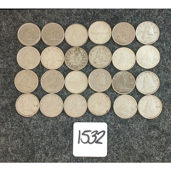LOT OF 24 - 1936-1972 CDN 10 CENT COINS