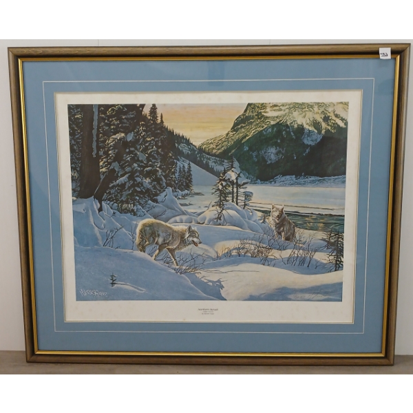 "NORTHERN SUNSET TIMBER WOLVES" BY MARTEN VISSER (PRS CDN ARTIST) - FRAMED LITHO PRINT