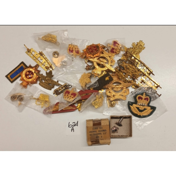 JOB LOT - CDN MILITARY BADGES - INCL SILVERED CROWNS, CAP & COLLAR BADGES