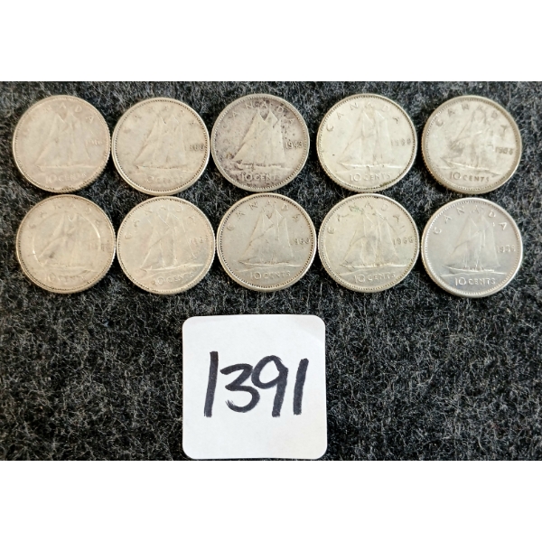 LOT OF 12 - 1943-1968 CDN 10 CENT COINS