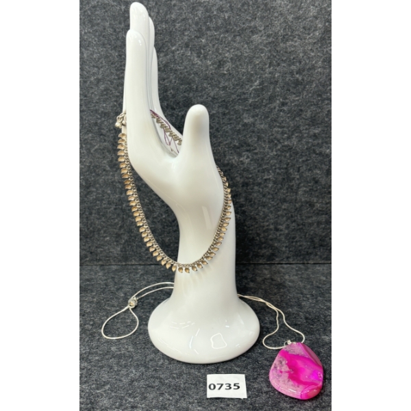 LOT OF 2 - NJ100 SILVER NECKLACE & SS PINK STONE NECKLACE 