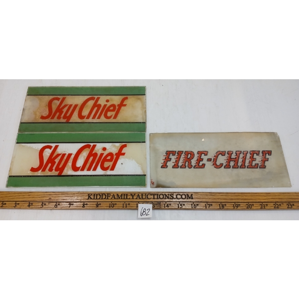 LOT OF 3 - TEXACO GAS PUMP AD GLASS PCS - SKY CHIEF & FIRE CHIEF