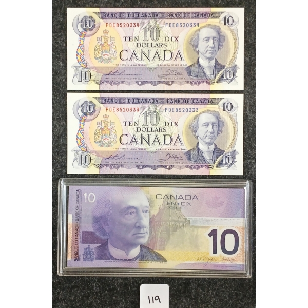 LOT OF 3 - 1971 & 2001 CDN $10 BANKNOTES - CONSECUTIVE & UNCIRCULATED