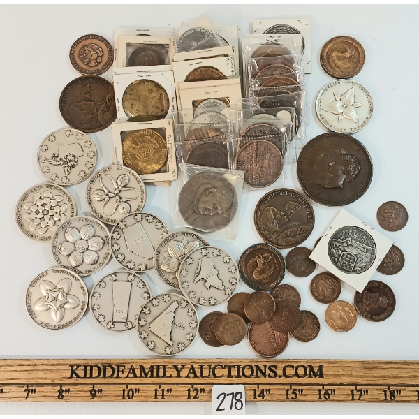QTY OF MISC TOKENS & MEDALLIONS - STORE SERVICE, PROVINCIAL FLOWERS, CORONATIONS, ETC