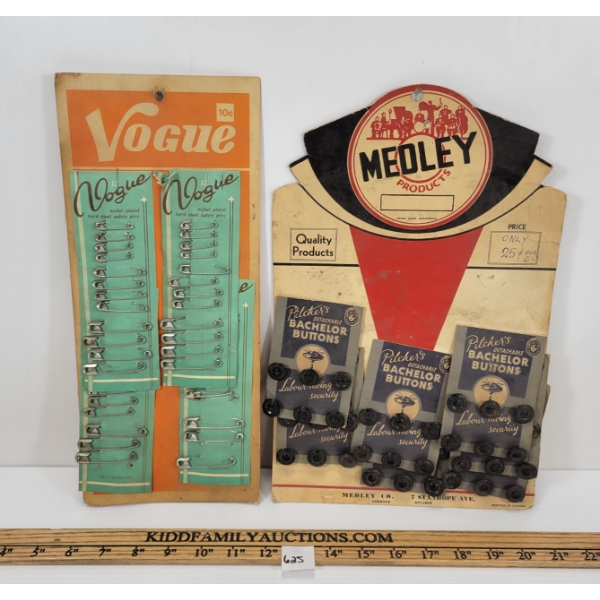 LOT OF 2 - SALESMAN DISPLAYS - INCL VOGUE SAFETY PINS & PITCHER'S BACHELOR BUTTONS