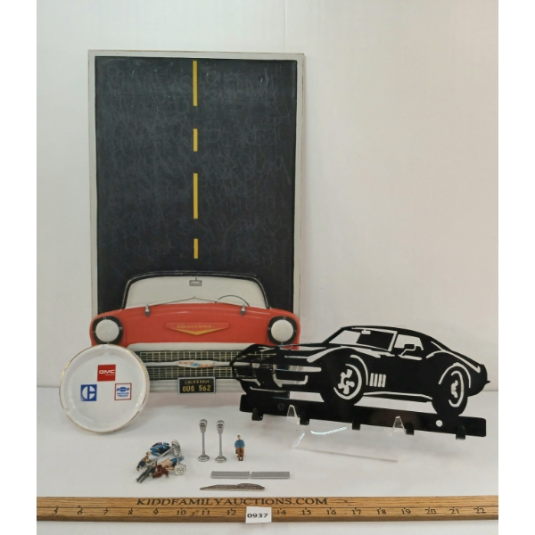 LOT OF 4 - CHEVROLET CHALKBOARD, CAR MOTIF COAT HANGER, GMC ASHTRAY, ETC.