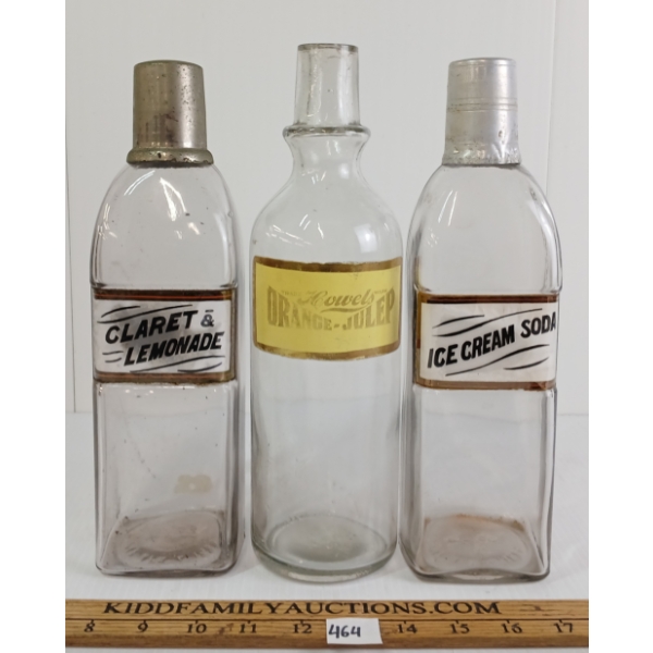 LOT OF 3 - BACK BAR SYRUP BOTTLES - INCL ICECREAM SODA, CLARET & LEMONADE, & HOWEL'S ORANGE-JULEP