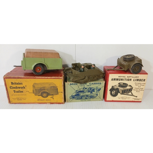 LOT OF 3 - BRITAINS LEAD MODELS - NO. 1876 BREN GUN CARRIER, 1726 AMMO LIMBER, ETC