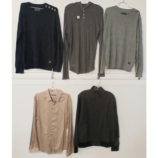 LOT OF 5 - MEN'S BUTTON-UP SHIRT, SWEATERS & JACKET - MFG MINIMUM, CLASSIFIED, RAGWEAR, ETC