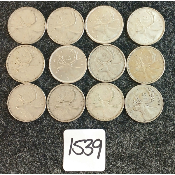 LOT OF 12 - 1952-1966 CDN 25 CENT COINS 