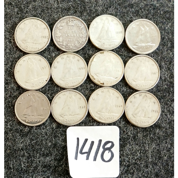 LOT OF 12 - 1909-1969 CDN 10 CENT COINS