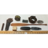Image 2 : JOB LOT - VINTAGE FISHING REEL, LEATHER BELT & BUCKLES, BUTT PLATES, POWDER MEASURER, ETC