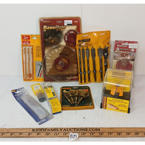 JOB LOT - ROUTER BASE PLATE KIT, DEWALT SPADE BITS, REPLACEMENT SNAP OFF BLADES, ETC