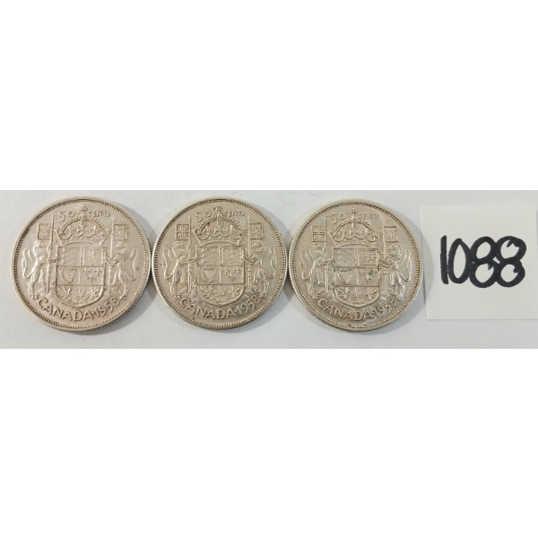 LOT OF 3 - 1958 CDN 50 CENT SILVER COINS
