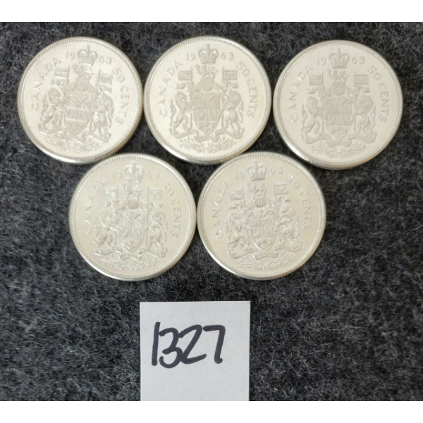 LOT OF 5 - 1963 CDN 50 CENT SILVER COINS