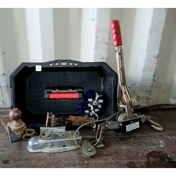 LOT OF 7 - COME-ALONG WINCH, HANG STAR MODEL 1287 HEAD LAMPS, TRAILER HITCHES, ETC