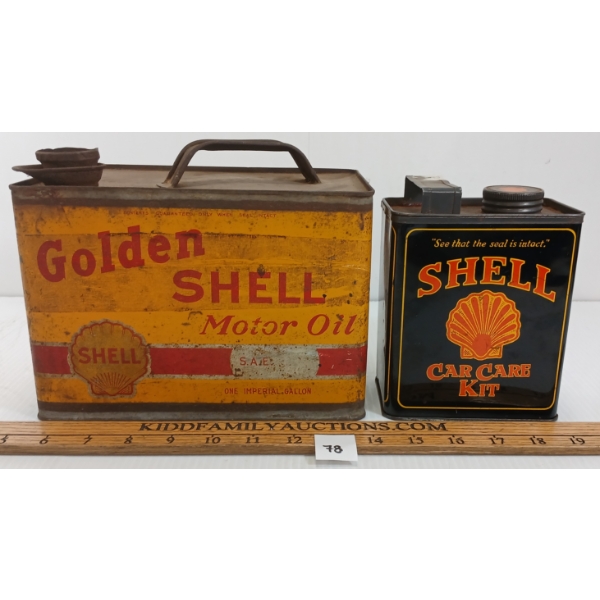 LOT OF 2 - SHELL GOLDEN SHELL MOTOR OIL CAN & CAR CARE KIT - GAL