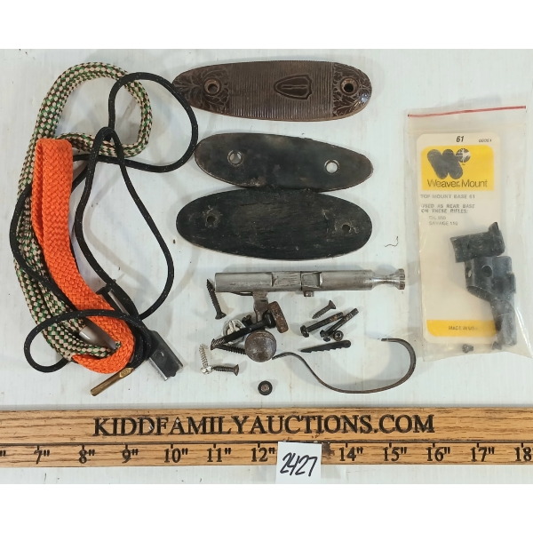 JOB LOT - MISC PARTS, BUTT PLATES, SIGHTS, BORE SNAKE, ETC