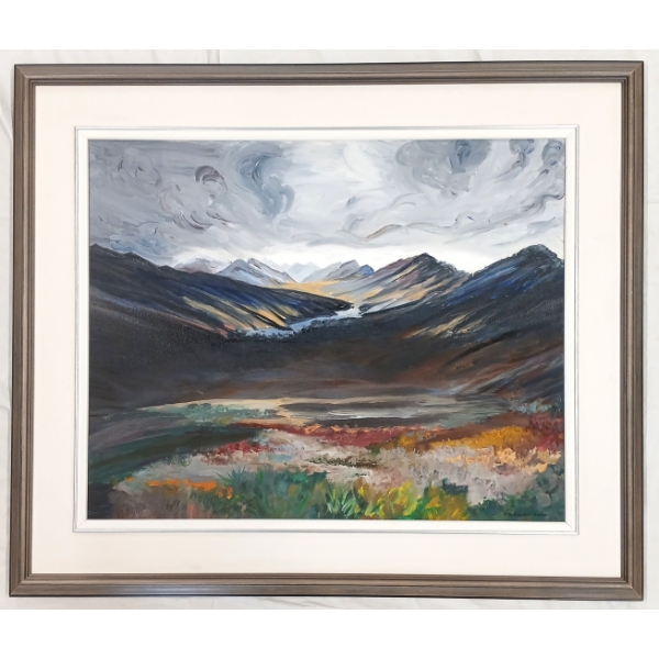 STORMY MOUNTAINS BY KATHLEEN M. DAVIES-BAAS - FRAMED OIL ON CANVAS
