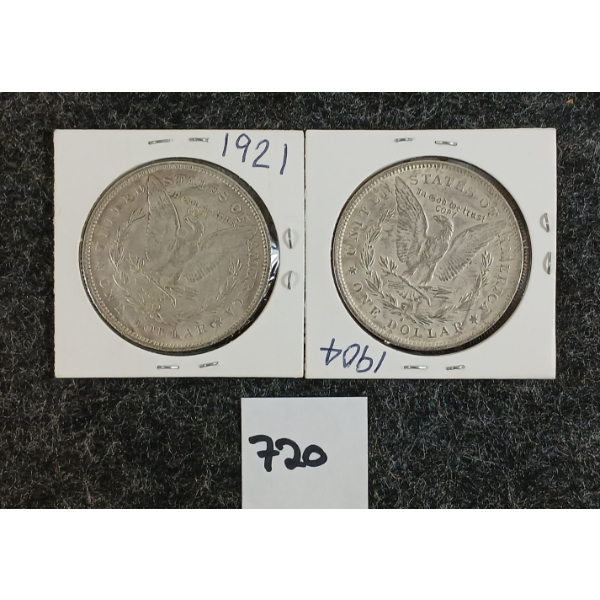 LOT OF 2 - 1904 & 1921 U.S. MORGAN REPLICA SILVER DOLLARS 