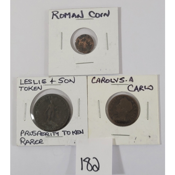 LOT OF 3 - LESLIE & SON TOKEN, ROMAN & CARLO COINS