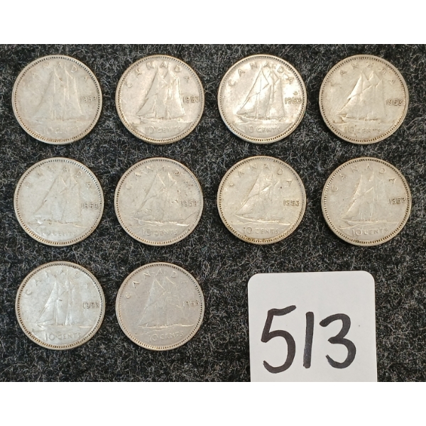 LOT OF 10 - 1953 CDN 10 CENT COINS