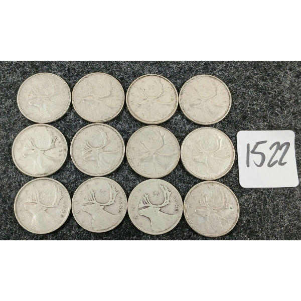 LOT OF 12 - 1943-1966 CDN 25 CENT COINS