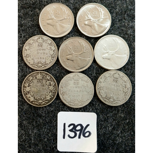 LOT OF 8 - 1917-1968 CDN 25 CENT COINS