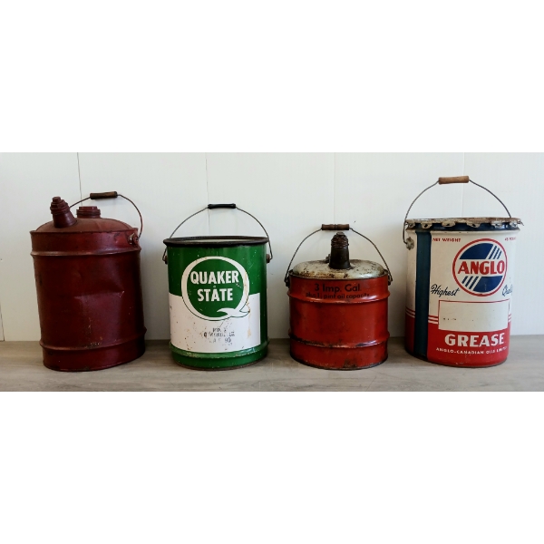 LOT OF 4 - ANGLO GREASE, QUAKER STATE & UNKNOWN FUEL CANS