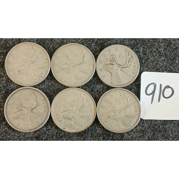 LOT OF 6 - 1949-1965 CDN 25 CENT COINS