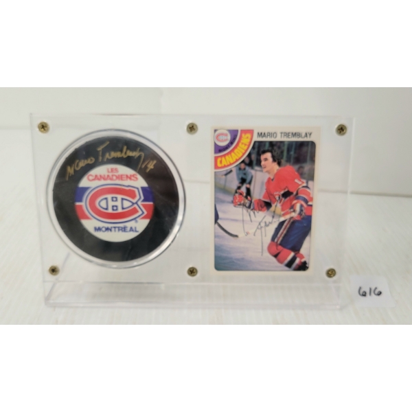 1978 NHL MONTREAL CANADIENS MARIO TREMBLAY HOCKEY CARD & PUCK W/ PLAQUE - SIGNED