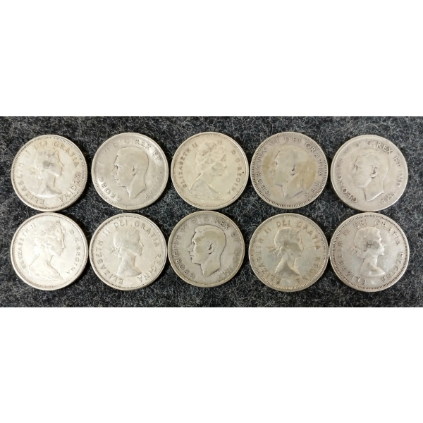 LOT OF 10 - 1943-1966 CDN 25 CENT SILVER COINS