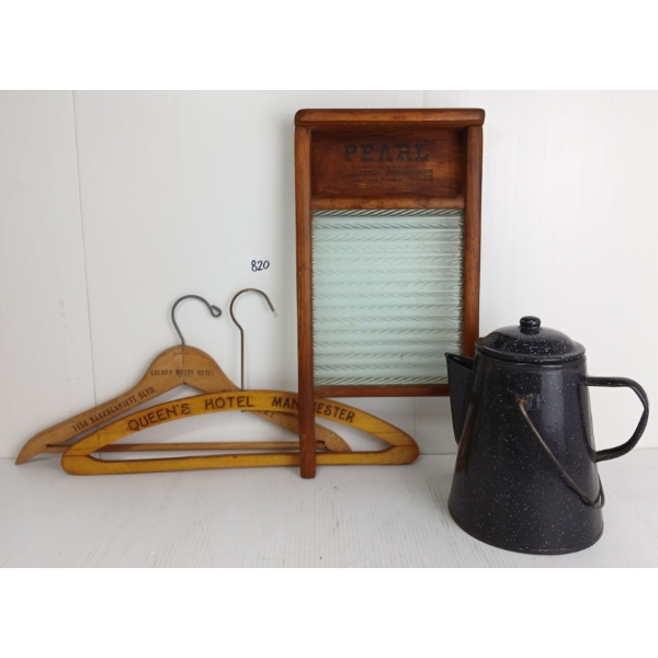 LOT OF 4 - PEARL WASHBOARD, ENAMEL COFFEE POT & HOTEL COAT HANGERS