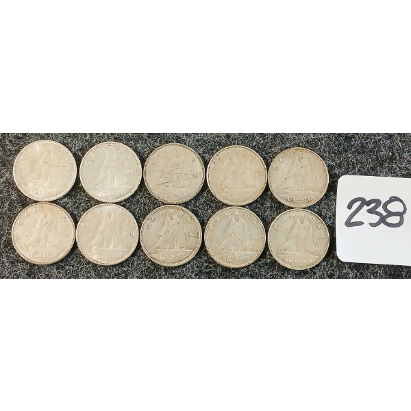 LOT OF 10 - 1968 CDN 10 CENT COINS
