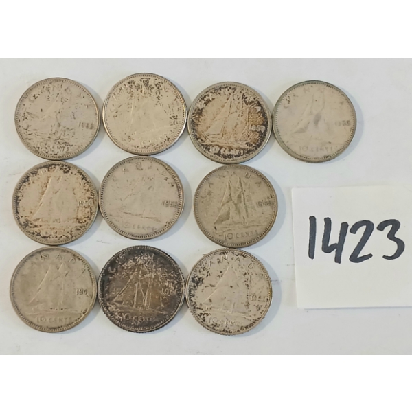 LOT OF 10 - 1945-1964 CDN 10 CENT SILVER COINS