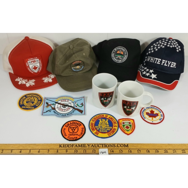 LOT OF 12 - SHOOTING CHAMPIONSHIP HATS, MUGS & PATCHES - INCL ONTARIO FEDERATION OF ANGLERS/HUNTERS