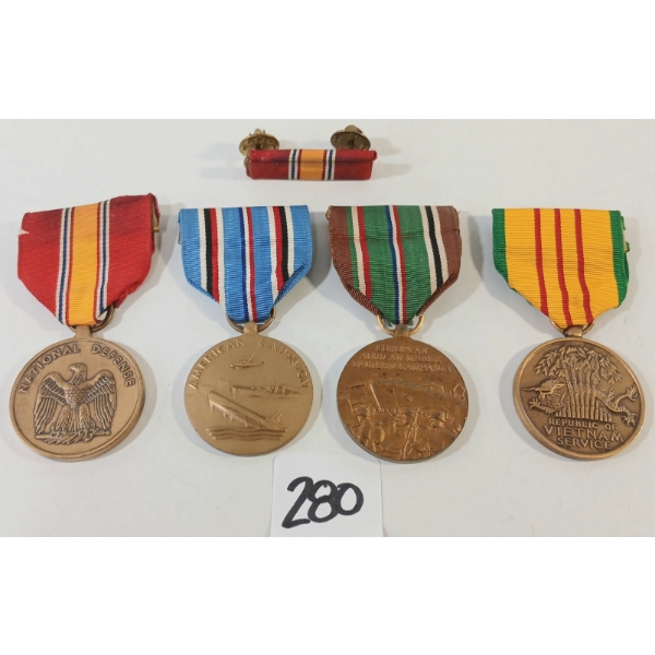 LOT OF 4 - U.S. AMERICAN CAMPAIGN, E.A.M.E. CAMPAIGN, VIETNAM SERVICE & NATIONAL DEFENSE MEDALS