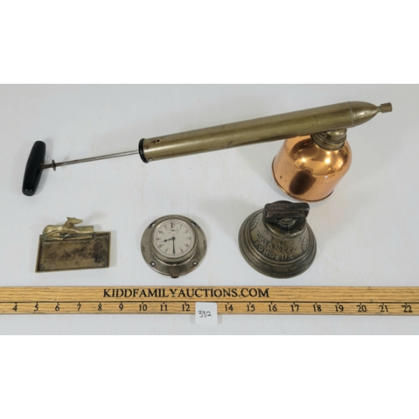 LOT OF 4 - BRASS BLIZZARD SPRAYER, CAR CLOCK, DOG MOTIF ASHTRAY & SWISS BELL
