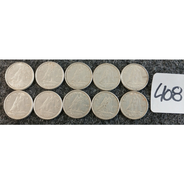 LOT OF 10 - 1960 CDN 10 CENT COINS