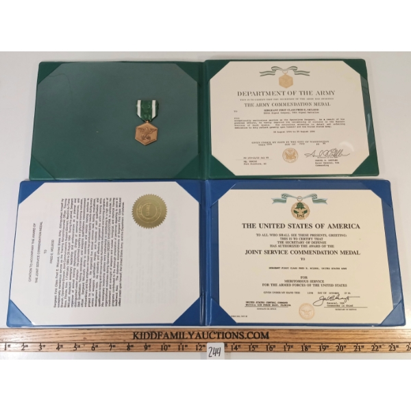 LOT OF 2 - U.S.A COMMENDATIONS W/ MEDAL & CITATION - FRED E. MCLEOD