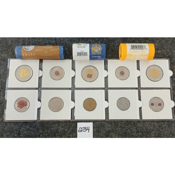 JOB LOT - CDN VICTORY 5 CENT COINS, 2012 & 2018 50 CENT COIN ROLLS, 2005 VICTORY 5 CENT ROLL, ETC