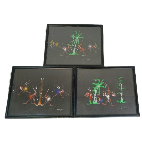 LOT OF 3 - AFRICAN TRIBAL SCENES BY DOUNGOUS - TEMPERA ON PAPER