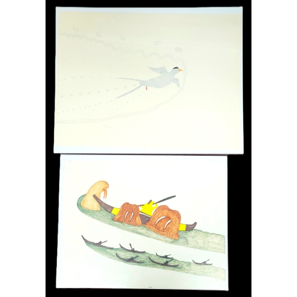 LOT OF 2 - BIRD & WALRUS W/ KAYAKS - SIGNED - PRINT & COLOURED MARKER ON PAPER