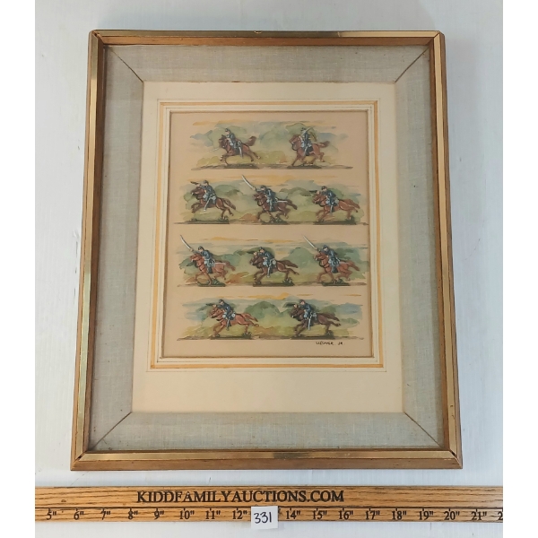 LEAD CIVIL WAR UNION CAVALRY IN FRAMED PAINTING - 1967 WATERCOLOUR BY VICTOR METOYER JR.