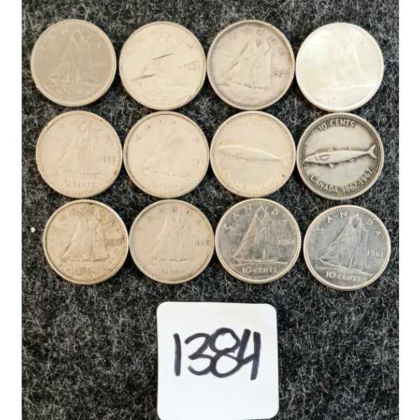 LOT OF 12 - 1947-1969 CDN 10 CENT COINS